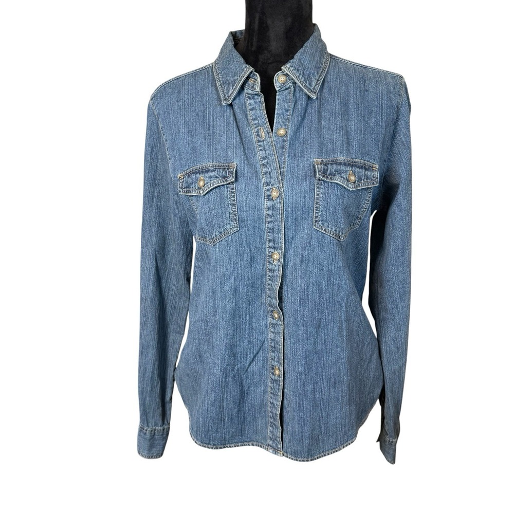 Harley Davidson Y2K Denim Button Front Long Sleeve Shirt V Twin Power Womens LG